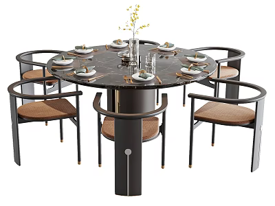 Modern Round Dining Table Set with Brown Cushioned Chairs Marble Tabletop and Decorative Tableware Vase 3d model