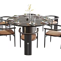 Modern Round Dining Table Set with Brown Cushioned Chairs Marble Tabletop and Decorative Tableware Vase 3d model