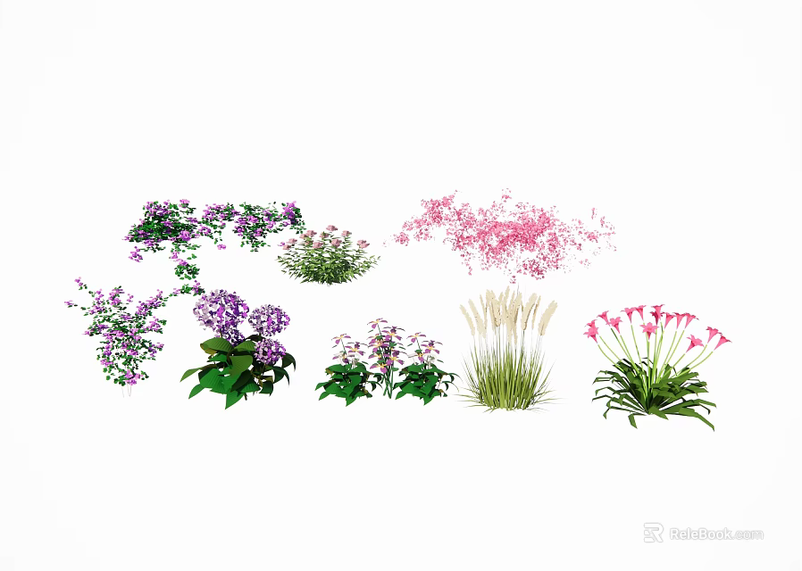 Colorful Garden Flowers And Herbs With Purple Pink And White Blooms 3d model 