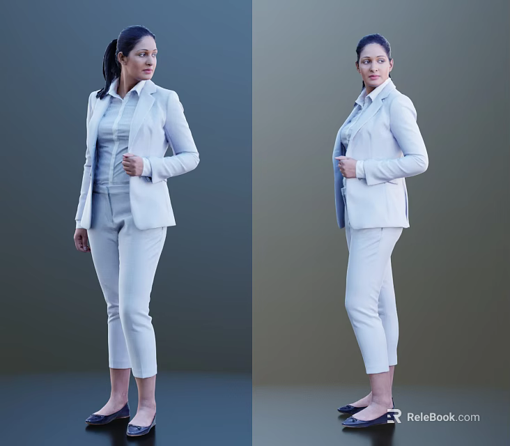 Woman In White Suit Set With Shirt Pants And Black Shoes On Gray Background 3d model 