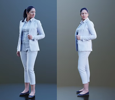Woman In White Suit Set With Shirt Pants And Black Shoes On Gray Background 3d model