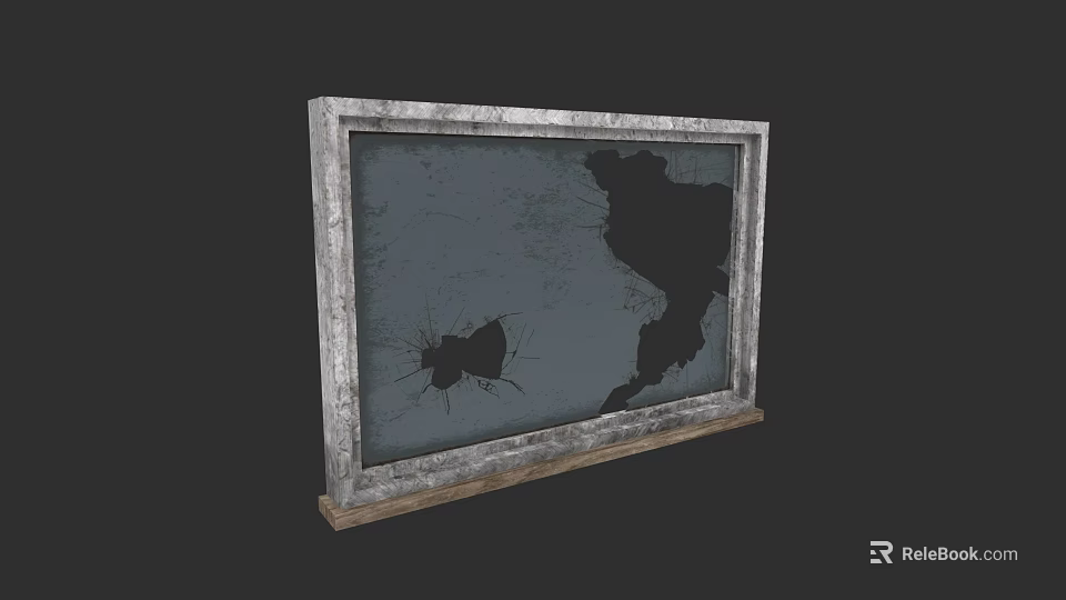 Old Damaged Frame With Cracked Glass And Black Map Design Stain 3d model