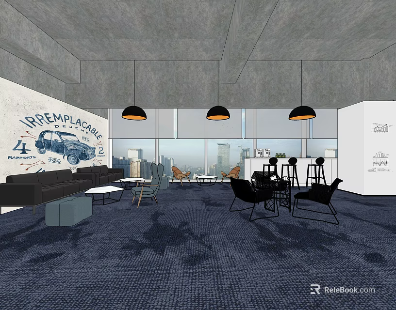 Modern Hotel Public Lounge With Black Sofa Chairs Pendant Lights And City View 3d model 
