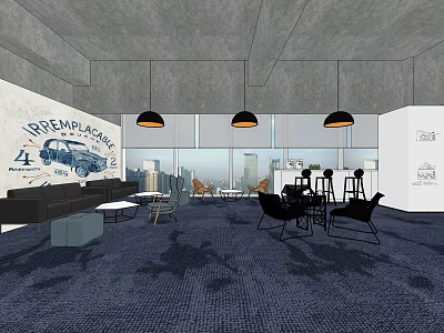 Modern Hotel Public Lounge With Black Sofa Chairs Pendant Lights And City View 3d model