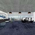 Modern Hotel Public Lounge With Black Sofa Chairs Pendant Lights And City View