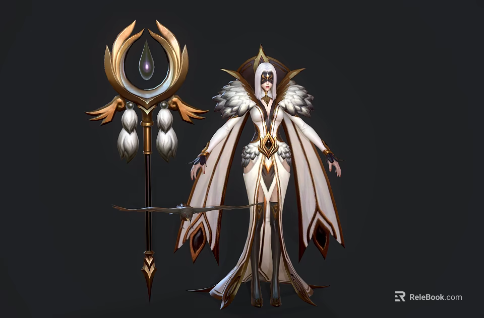 Game Movie Character In Elaborate White Robe With Golden Accents Red Details Headdress Feathered Decorations And Staff 3d model 