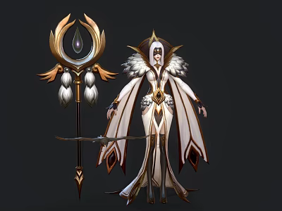 Game Movie Character In Elaborate White Robe With Golden Accents Red Details Headdress Feathered Decorations And Staff 3d model