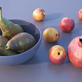 Fresh Pears in Blue Bowl with Ripe Peaches and Pomegranate on Gray Surface
