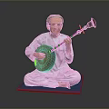 Man Wearing Traditional White Clothing Sitting On Blue Mat Playing Stringed Instrument Against Gray Background