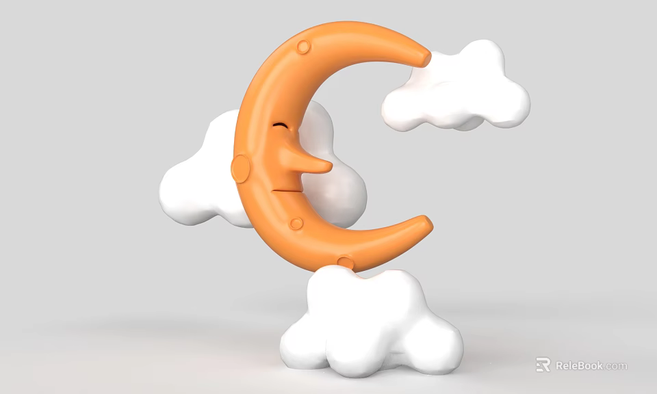 Cute Orange Moon Decorative Ornament Set With Smiling Face And White Clouds 3d model 