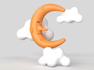 Cute Orange Moon Decorative Ornament Set With Smiling Face And White Clouds 3d model
