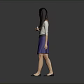 Woman With Long Hair In White Top And Purple Skirt Extending Hand On Gray Background