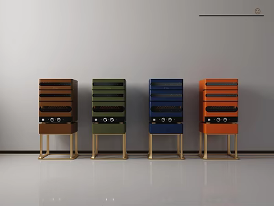Modern Stylish Storage Lockers With Colorful Design Multiple Drawers And Golden Legs 3d model
