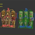 Industrial Equipment With Rusty Orange And White Tanks Pipes Valves And Warning Signs