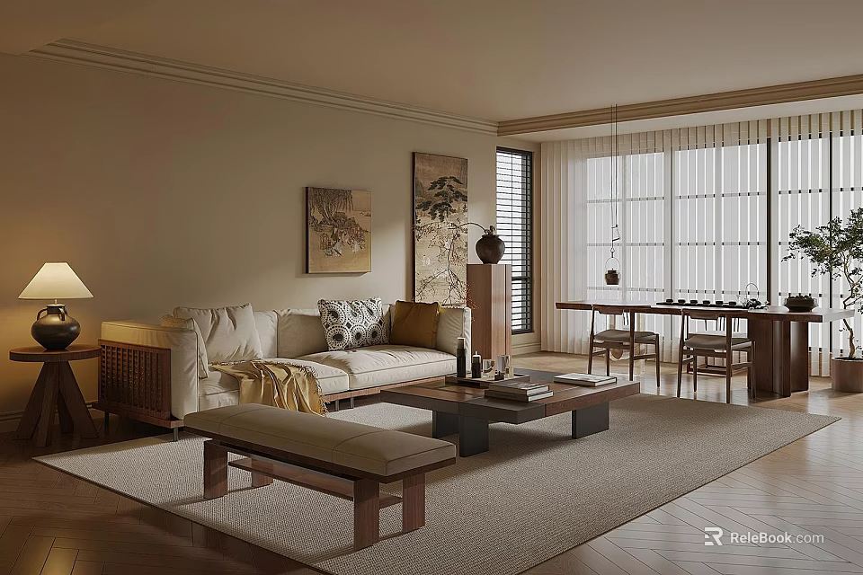 Cozy Modern Living Dining Room Interior With Sofa Coffee Table Table Lamp And Large Windows 3d model 