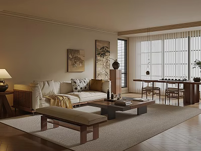 Cozy Modern Living Dining Room Interior With Sofa Coffee Table Table Lamp And Large Windows 3d model