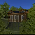 Wooden Detached Villa with Blue Roof Balcony on Stilts in Green Trees and Grassy Hillside