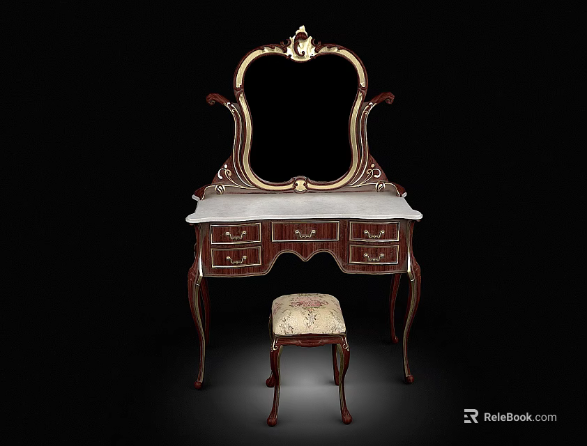 Ornate Classic Vanity Table and Stool with White Marble Top Upholstered Seat and Mirror 3d model 