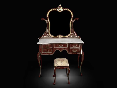 Ornate Classic Vanity Table and Stool with White Marble Top Upholstered Seat and Mirror 3d model