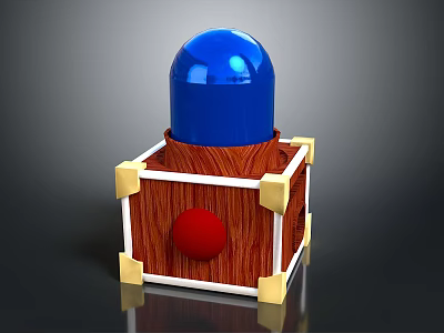 Wooden Cube Device with Blue Sphere Top Yellow Corners Red Dot and White Edge Lines 3d model