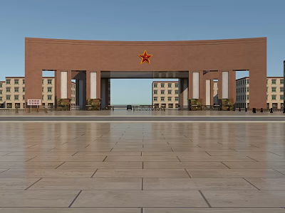 Campus School Building with Red Archway Five Pointed Star Front Plaza and Teaching Buildings 3d model