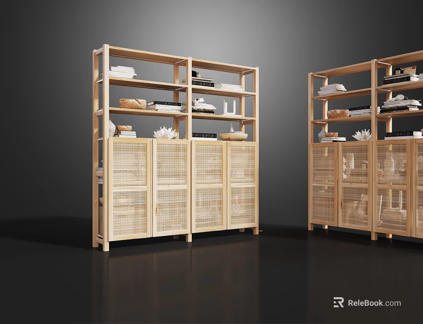 Modern Wooden Bookcase with Multiple Shelves and Lattice Door Cabinets Holding Books and Decorative Items 3d model 