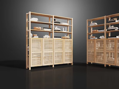 Modern Wooden Bookcase with Multiple Shelves and Lattice Door Cabinets Holding Books and Decorative Items 3d model