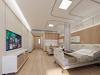 Modern Hospital Ward Interior With Medical Bed TV And Wooden Elements 3d model