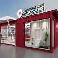 Red Container Building as Costa Coffee Shop with Large Windows White Canopy and Green Plant
