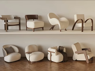 Various Designed Chairs With Wooden Frames And Fabric Cushions Displayed On Shelves And Floor 3d model