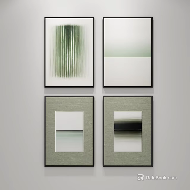 Four Abstract Wall Paintings With Black Frames Green White Tones And Geometric Patterns 3d model