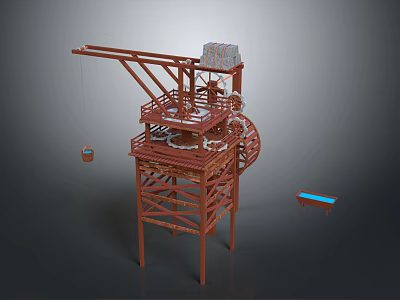 Red Multi Level Mechanical Tower With Crane Arm Hanging Basket Wheel and Small Blue Platform 3d model