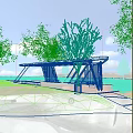 Modern White Outdoor Pergola With Slanted Supports Green Grass And Trees