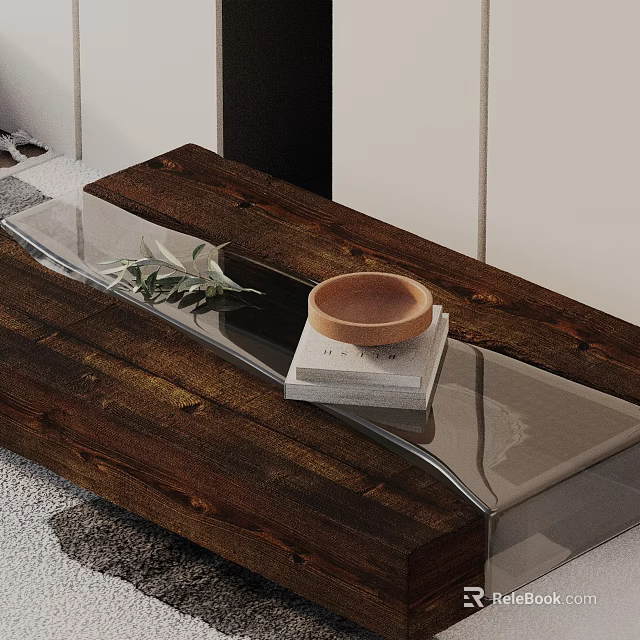 Modern Sofa and Coffee Table Set Featuring Wooden Glass Top Decorative Bowl Books and Plant 3d model 