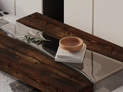 Modern Sofa and Coffee Table Set Featuring Wooden Glass Top Decorative Bowl Books and Plant 3d model