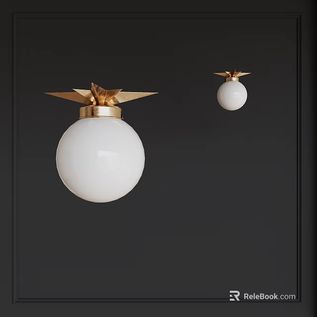 Modern White Spherical Ceiling Lights With Golden Leaf Shaped Top On Dark Wall 3d model
