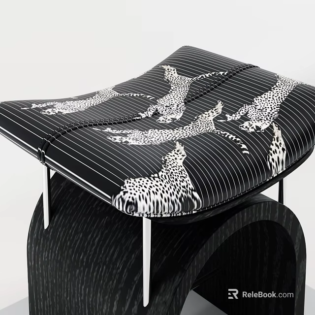 Modern Decorative Stool With Leopard Print And Black Striped Surface And Metal Legs 3d model 