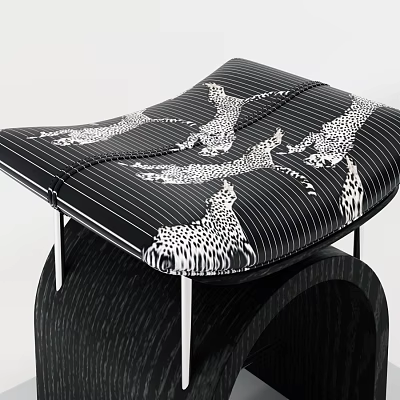 Modern Decorative Stool With Leopard Print And Black Striped Surface And Metal Legs 3d model
