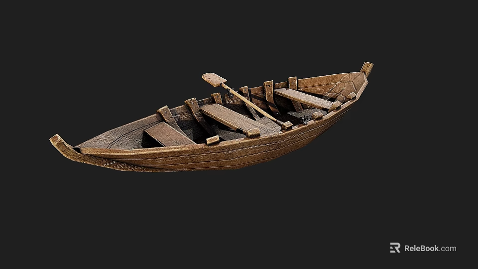 Vintage Wooden Boat Featuring Classic Design With Wooden Seats And Oar On Board 3d model 