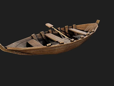 Vintage Wooden Boat Featuring Classic Design With Wooden Seats And Oar On Board 3d model