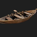 Vintage Wooden Boat Featuring Classic Design With Wooden Seats And Oar On Board