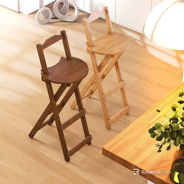 Foldable Bar Stools Dark Brown Light Wood Design On Light Wooden Floor With Green Plant 3d model 