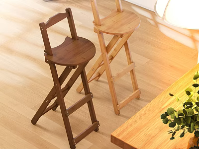 Foldable Bar Stools Dark Brown Light Wood Design On Light Wooden Floor With Green Plant 3d model
