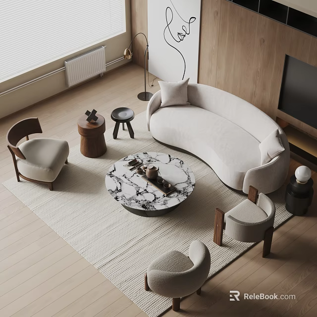 Modern Living Room Sofa Coffee Table Set With Marble Top Accent Chairs And Rug 3d model 