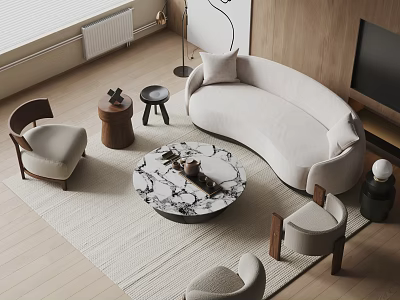 Modern Living Room Sofa Coffee Table Set With Marble Top Accent Chairs And Rug 3d model