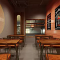 Red Brick Cafe Storefront Featuring Glass Windows Signboard Tables Chairs Inside At Night Plaza Streetlights