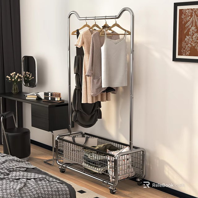 Metal Clothes Rack With Hanging Clothes And Storage Basket In Bedroom 3d model 
