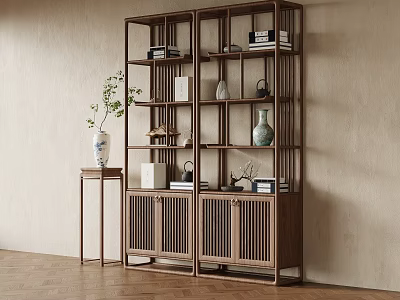 Traditional Chinese Wooden Shelf with Books Vases Decorations and Green Plant on Side Table 3d model
