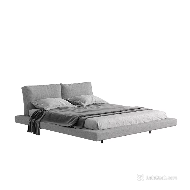 Modern Double Bed With Gray Upholstered Headboard And Soft Bedding Set 3d model
