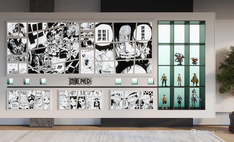 Comic Style Display Shelves With Character Models In Modern Exhibition Area 3d model